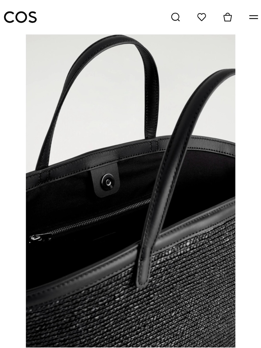 COS SALTWATER Straw Tote Bag - Black - Fully Lined w/ Genuine Black Leather Trim - Picture 5 of 8